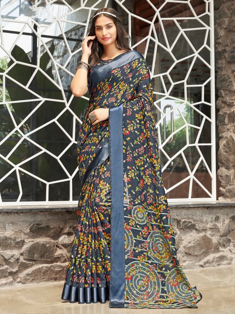 

Saree mall Grey & Rust Floral Silk Cotton Banarasi Sarees