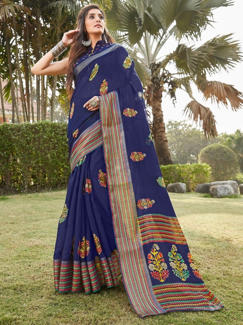 

Saree mall Navy Blue & Orange Ethnic Motifs Linen Blend Block Print Sarees