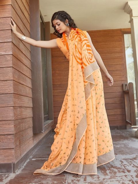 

Saree mall Orange & Grey Floral Linen Blend Chanderi Sarees