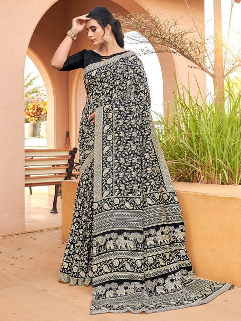 

Saree mall Black & Cream-Coloured Ethnic Motifs Art Silk Bagru Sarees