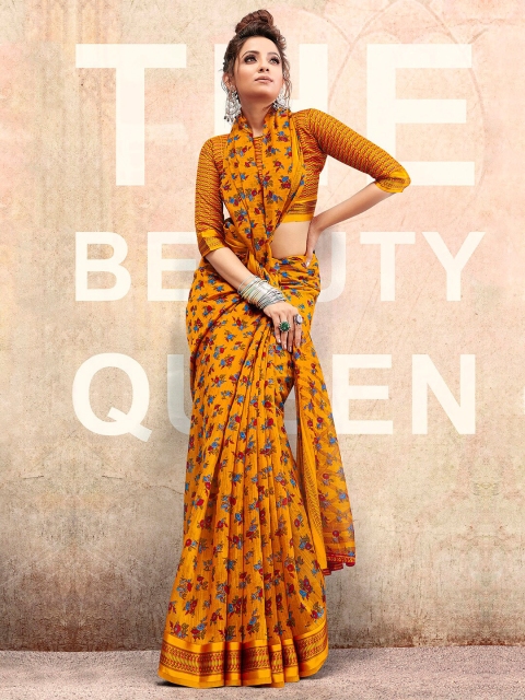 

Saree mall Mustard & Red Floral Silk Cotton Sarees