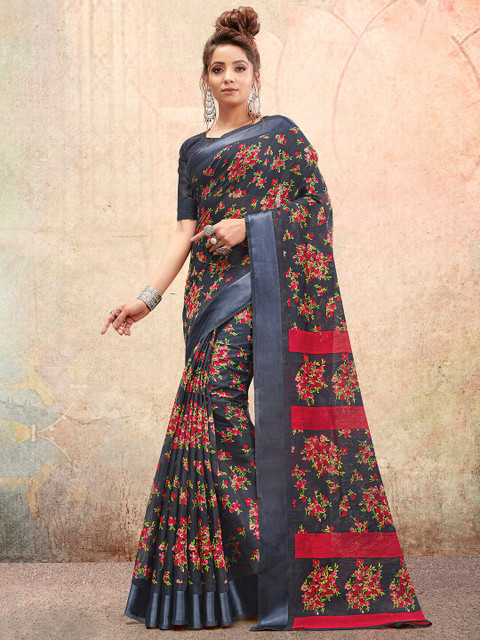 

Saree mall Grey & Red Floral Silk Cotton Sarees