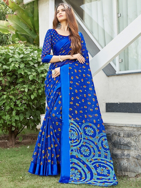 

Saree mall Blue & Rust Floral Silk Cotton Banarasi Sarees