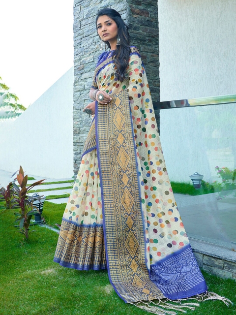 

Saree mall Off White & Blue Silk Blend Banarasi Sarees