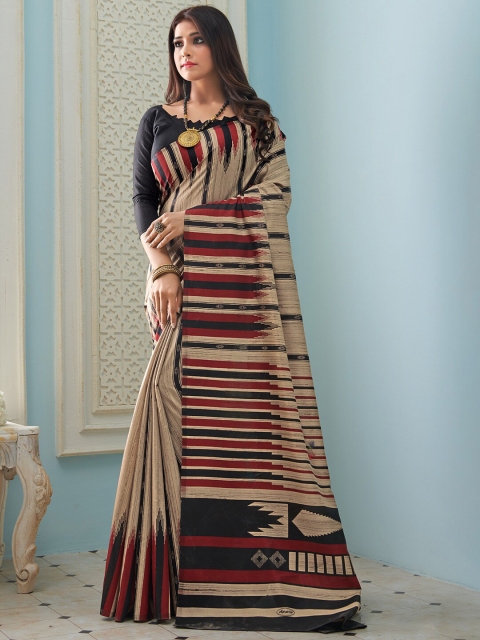 

Saree mall Beige & Maroon Striped Art Silk Taant Sarees