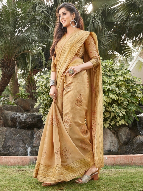 

Saree mall Beige Ethnic Motifs Linen Blend Block Print Sarees