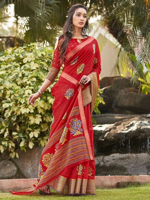 

Saree mall Red & Blue Ethnic Motifs Linen Blend Block Print Sarees