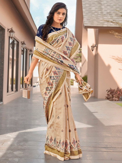 

Saree mall Beige & Navy Blue Art Silk Ikat Sarees