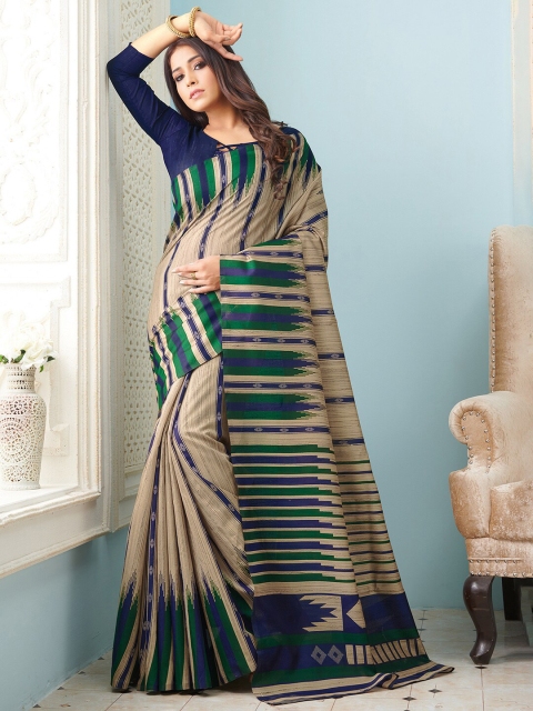 

Saree mall Beige & Navy Blue Striped Art Silk Sarees