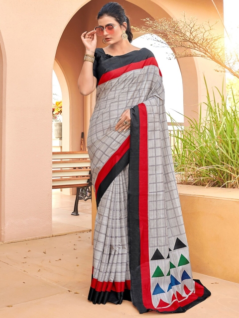 

Saree mall Grey & Blue Checked Art Silk Taant Sarees