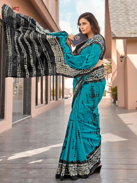 

Saree mall Blue & Black Tie and Dye Art Silk Block Print Sarees