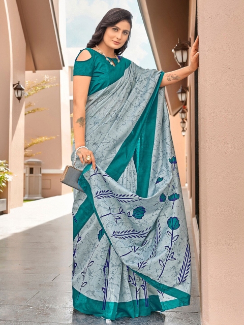 

Saree mall Grey & Blue Floral Art Silk Ikat Sarees