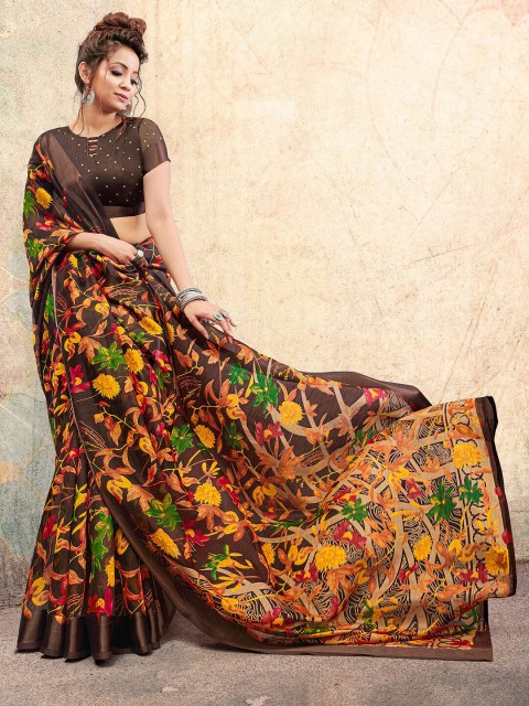 

Saree mall Brown & Yellow Floral Silk Cotton Sarees