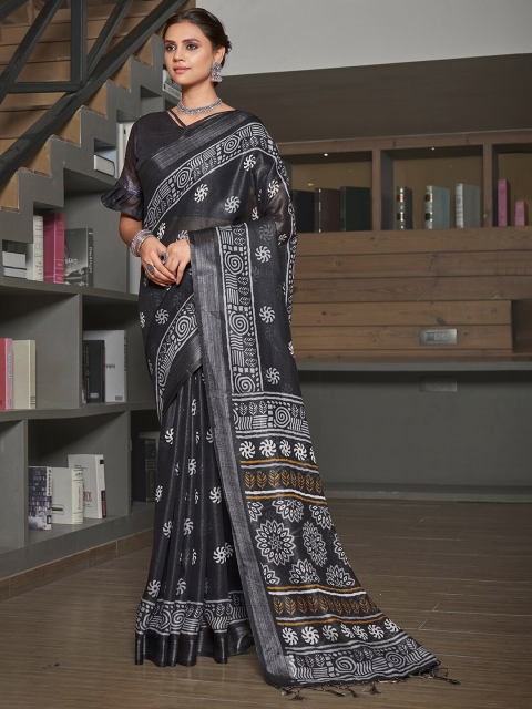 

Saree mall Black & White Floral Linen Blend Bagh Sarees