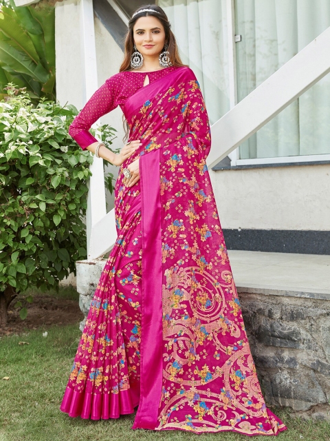 

Saree mall Pink & Blue Floral Silk Cotton Banarasi Sarees