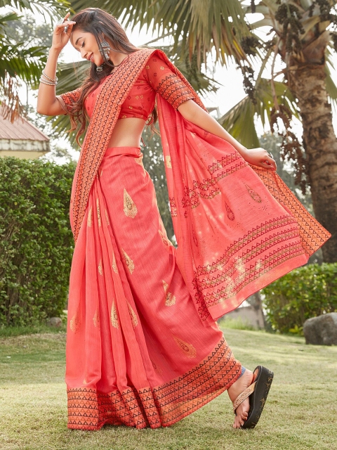 

Saree mall Peach-Coloured & Gold-Toned Ethnic Motifs Linen Blend Block Print Sarees