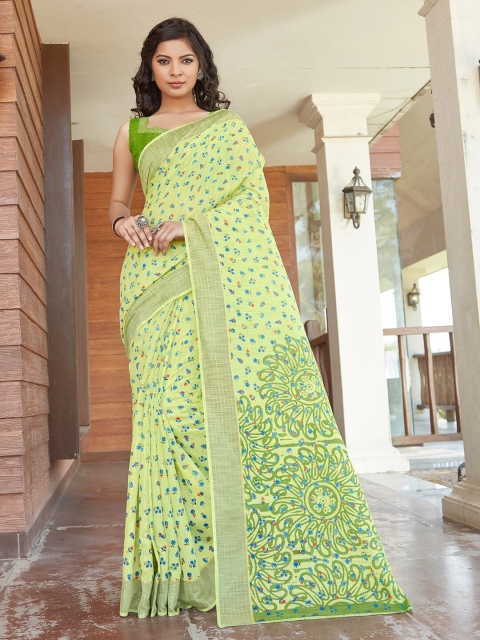 

Saree mall Green & Lime Green Floral Silk Cotton Banarasi Sarees