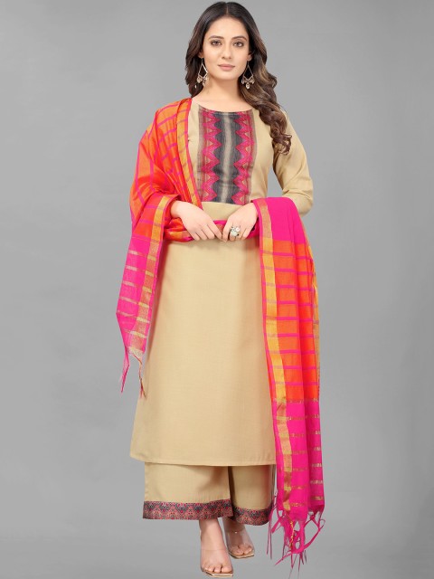 

GUNVANTI FAB Women Beige Layered Thread Work Kurti with Palazzos & With Dupatta