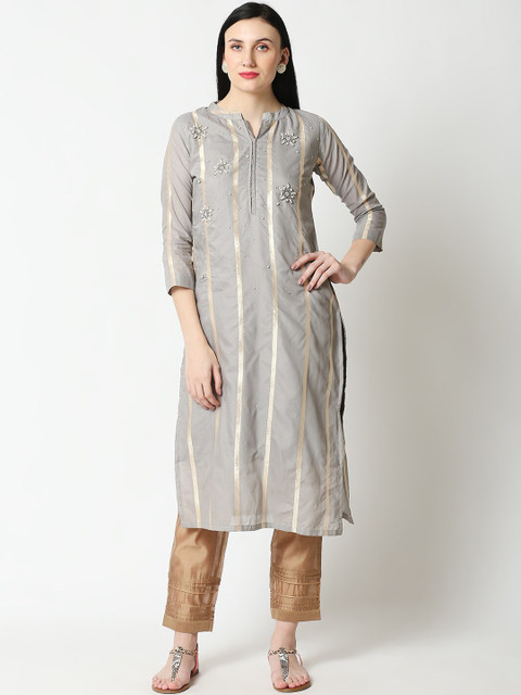

Aanyor Women Grey Thread Work Grandeur & Majestic Artwork Jacquard Chanderi Silk Kurta