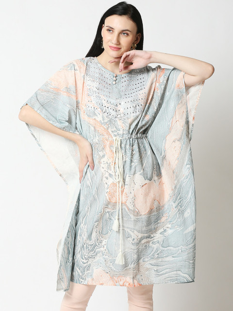 

Aanyor Women Blue Floral Striped Keyhole Neck Gotta Patti Pastels Kaftan Kurta