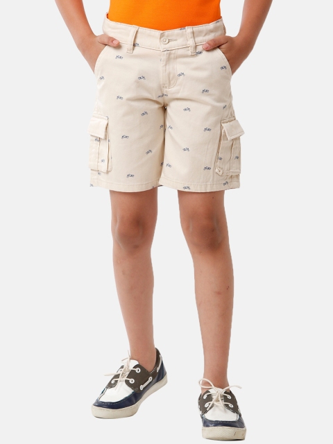 

CP BRO Boys Cream-Coloured Conversational Printed Slim Fit Cargo Shorts