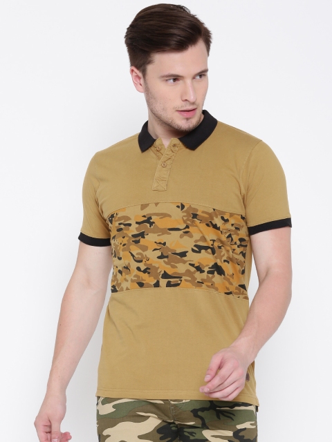 

Roadster Men Mustard Brown Printed Polo Collar T-shirt