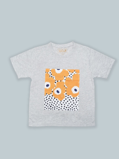 

GOJI Kids Grey Melange Printed V-Neck Applique T-shirt