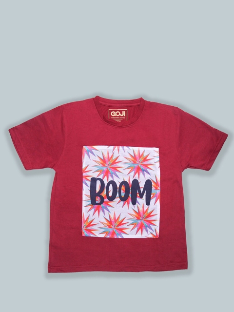 

GOJI Kids Maroon Floral Printed V-Neck Tropical Applique T-shirt