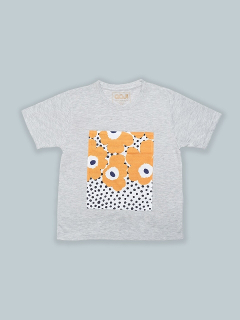 

GOJI Kids Grey Melange Printed V-Neck Applique T-shirt