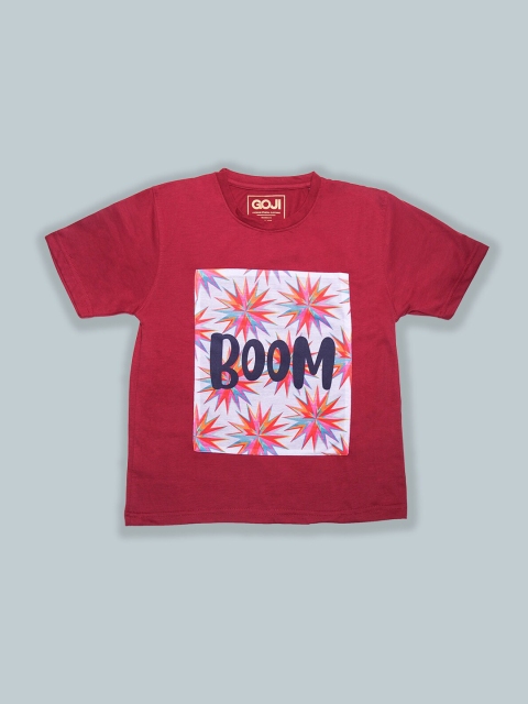 

GOJI Kids Maroon Floral Printed V-Neck Tropical Applique T-shirt