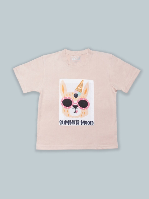 

GOJI Kids Peach-Coloured Dyed Dyed V-Neck Monochrome Raw Edge T-shirt