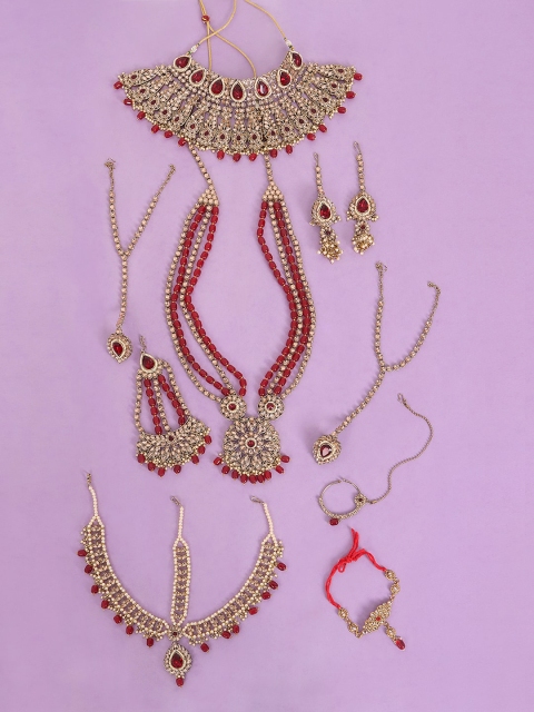 

JEWELS GEHNA Gold-Plated & Maroon Stones-Studded & Beaded Bridal Jewellery Set