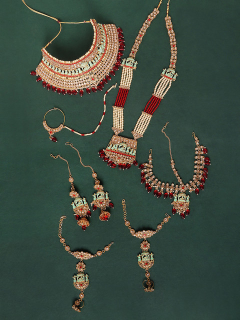

JEWELS GEHNA Set Of 7 Gold Plated Bridal Necklace Mathapatti Nath Hathphul & Earring