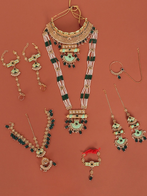 

JEWELS GEHNA Gold-Plated & Green Stones-Studded & Beaded Bridal Jewellery Set