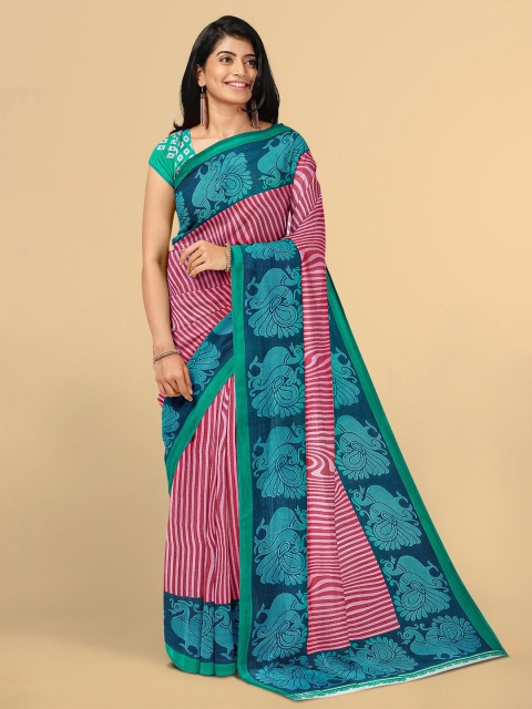 

Kalamandir Pink & Blue Striped Silk Blend Saree