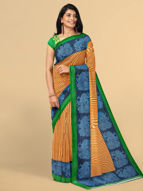 

Kalamandir Orange & Blue Striped Silk Blend Saree
