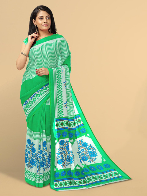 

Kalamandir White & Green Floral Mirror Work Silk Blend Saree