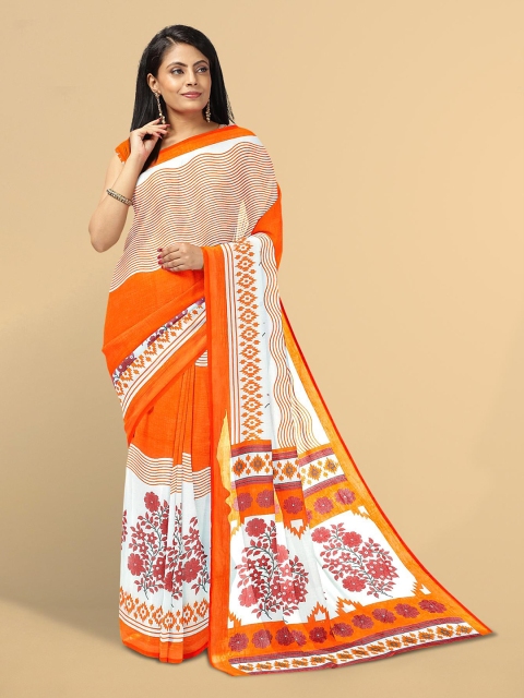 

Kalamandir White & Orange Floral Silk Blend Saree