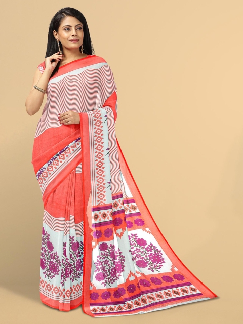 

Kalamandir White & Peach-Coloured Floral Zari Silk Blend Saree