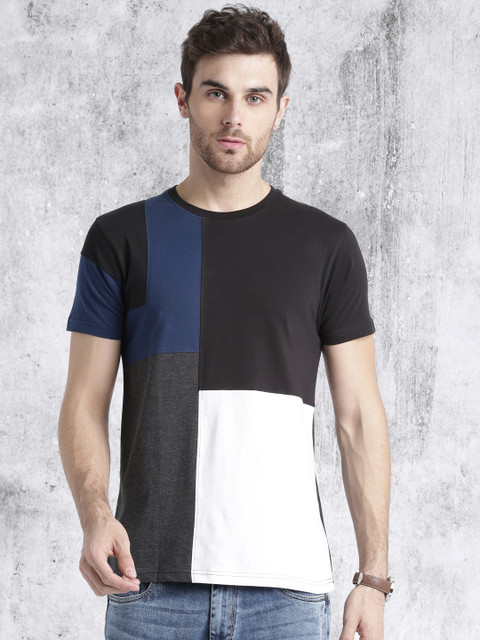 

Roadster Men Black & White Colourblocked Round Neck T-shirt