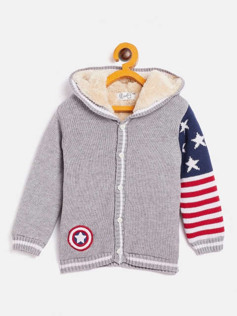 

JWAAQ Boys Grey Melange & Red Embroidered Printed Cardigan