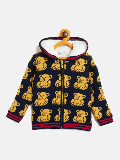 

JWAAQ Unisex Kids Navy Blue & Brown Animal Printed Cardigan