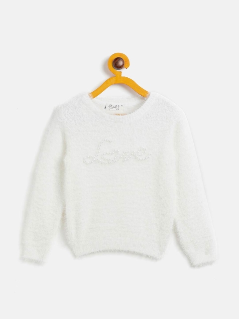JWAAQ Girls Off White Typography Printed Pullover with Fuzzy Detail