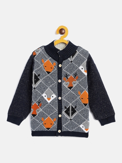 

JWAAQ Unisex Kids Navy Blue & Orange Printed Cardigan