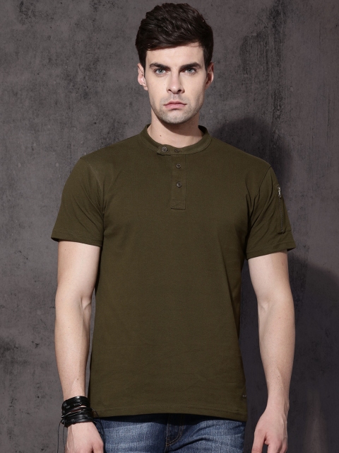 

RDSTR Men Olive Green Solid Henley T-shirt