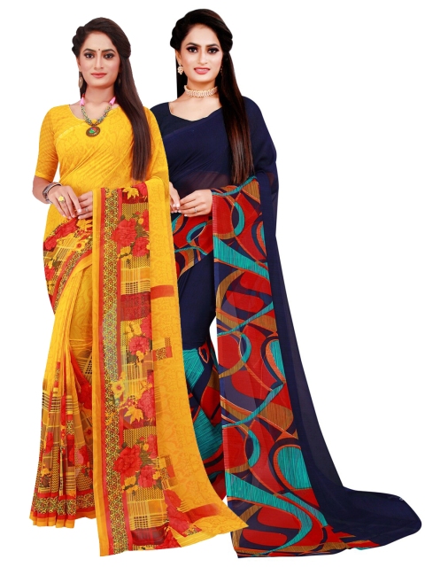 

KALINI Navy Blue & Yellow Pure Georgette Saree