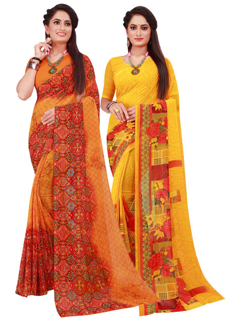 

KALINI Orange & Yellow Pure Georgette Saree