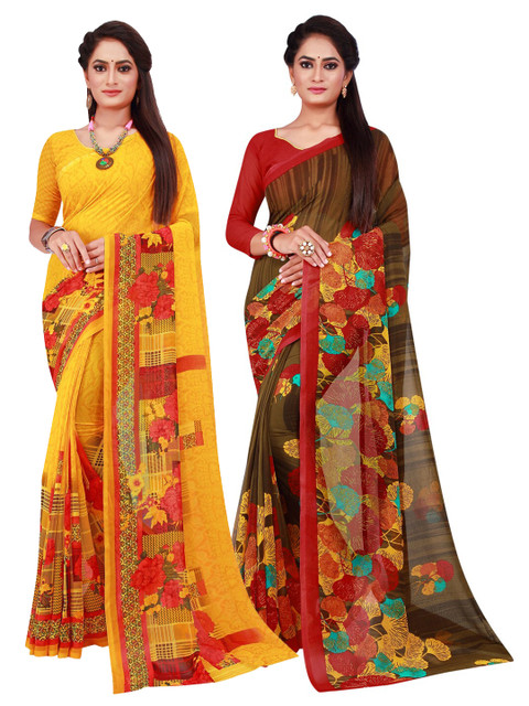 

KALINI Yellow & Pink Floral Pure Georgette Saree