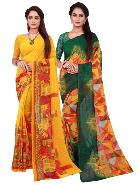 

KALINI Yellow & Green Pure Georgette Saree