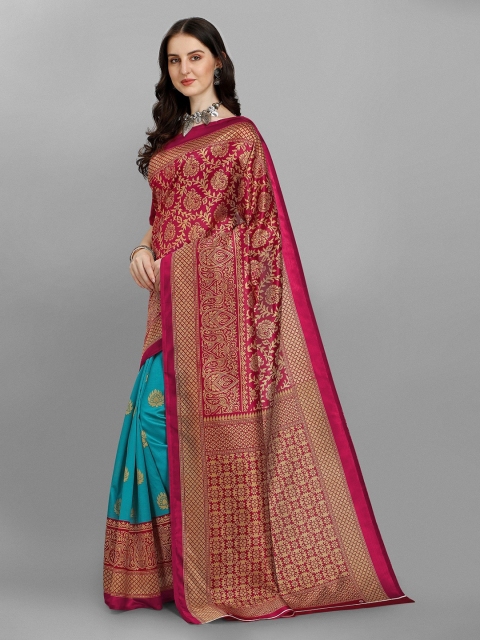 

Fashionuma Pink & Blue Woven Design Silk Blend Saree